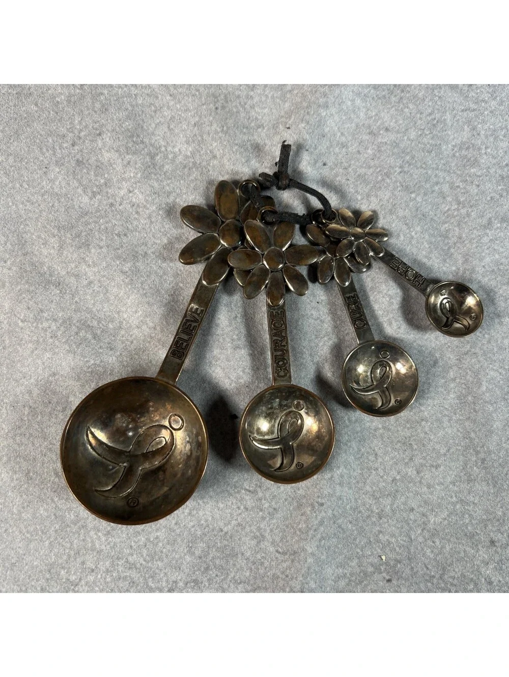 Metal Measuring Spoons With Flower Handle & Cancer Awareness Message